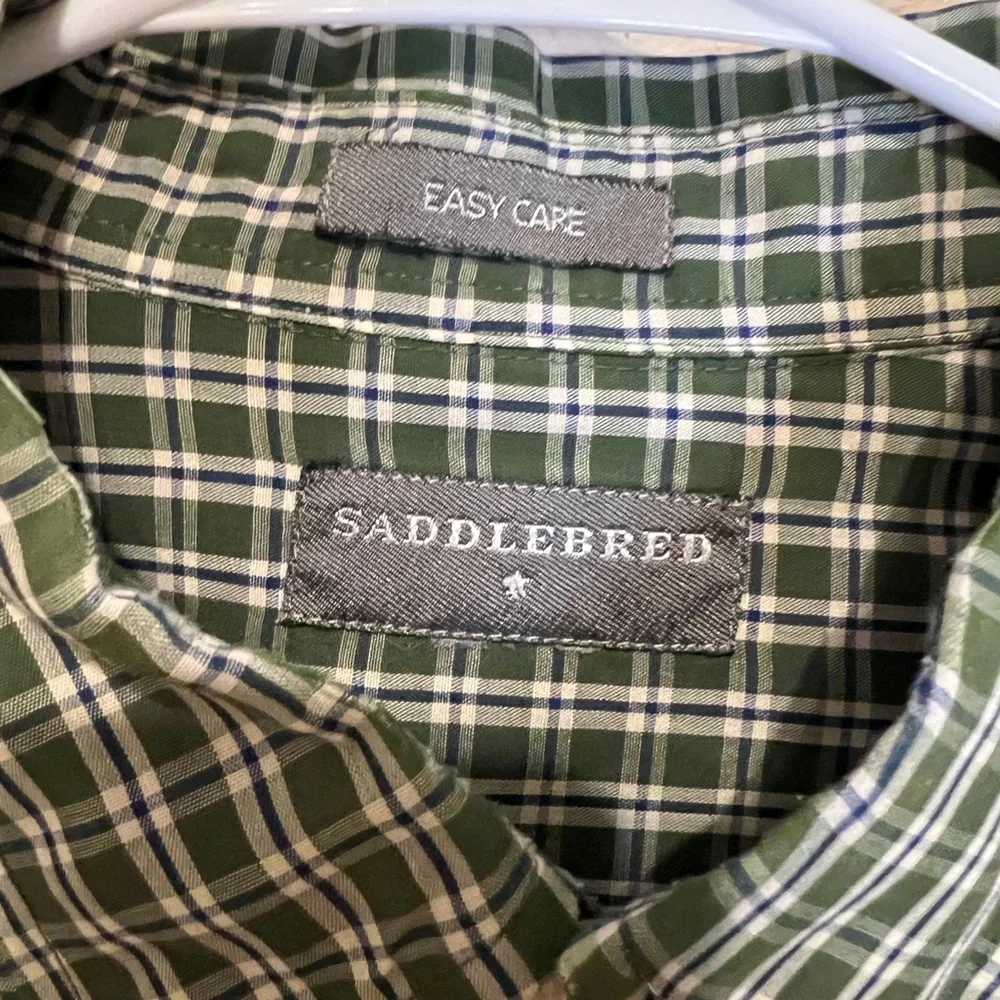 Saddlebred Green and white plaid Casual Button Down Shirt. Collared long sleeve - Picture 3 of 5